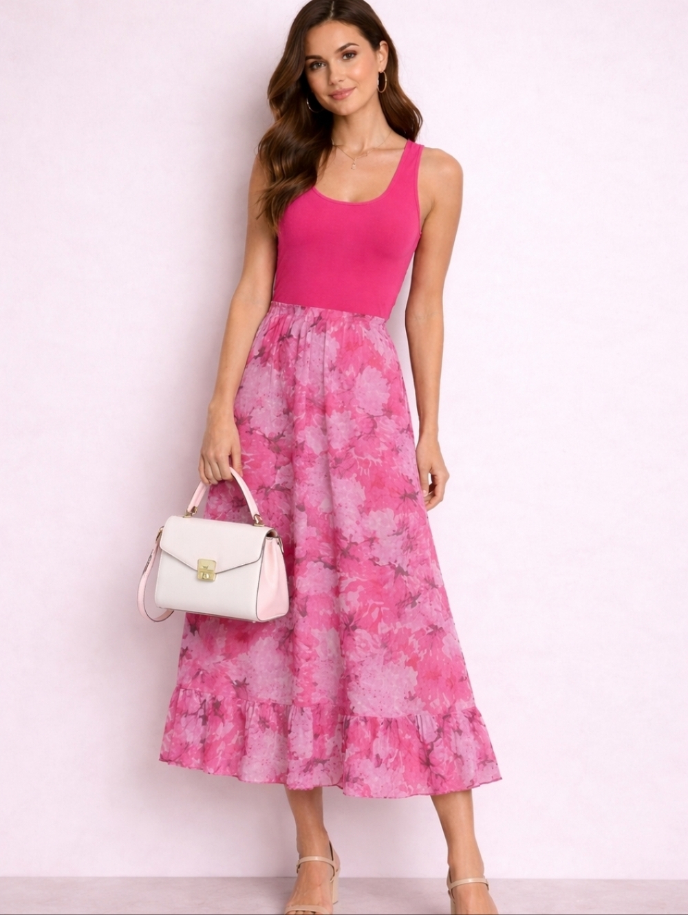 Tradition | Vintage Pink Floral Midi Skirt | Elastic Waist | Double Ruffle Hem - Picture 2 of 11
